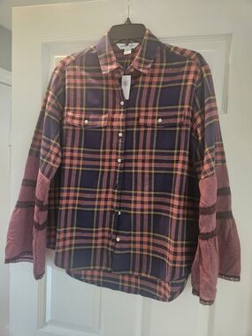 Upcycled Plaid Button-Front Shirt with Velvet Sleeve Detail - Navy, Pink